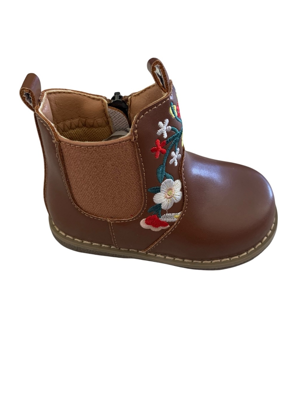 Girls Brown Floral Embroidered Chelsea Boot - Kids Shoes